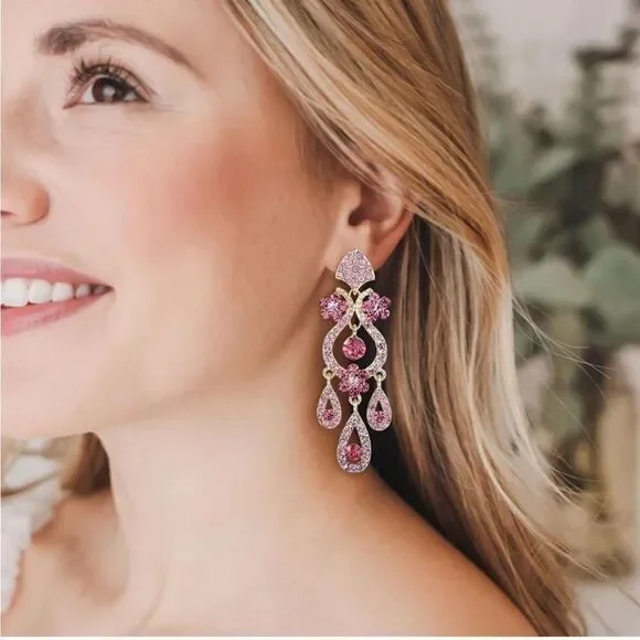 Yellow Gold with Pink Sapphire Austrian Crystal Flower Vase Chandelier Earrings